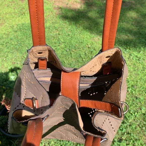 Louenhide Vegan Leather Handbag in Taupe w/Brown Trim w/Inside Zippered Pocket - Picture 6 of 12